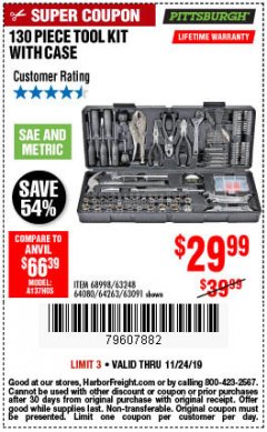 Harbor Freight Coupon 130 PIECE TOOL KIT WITH CASE Lot No. 64263/68998/63091/63248/64080 Expired: 11/24/19 - $29.99