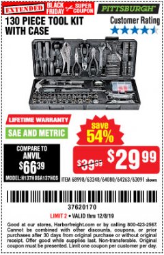 Harbor Freight Coupon 130 PIECE TOOL KIT WITH CASE Lot No. 64263/68998/63091/63248/64080 Expired: 12/8/19 - $29.99