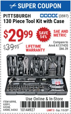 Harbor Freight Coupon 130 PIECE TOOL KIT WITH CASE Lot No. 64263/68998/63091/63248/64080 Expired: 7/5/20 - $29.99