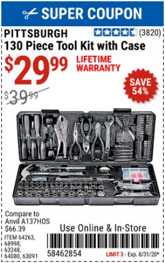 Harbor Freight Coupon 130 PIECE TOOL KIT WITH CASE Lot No. 64263/68998/63091/63248/64080 Expired: 8/30/20 - $29.99