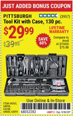 Harbor Freight Coupon 130 PIECE TOOL KIT WITH CASE Lot No. 64263/68998/63091/63248/64080 Expired: 9/30/20 - $29.99