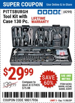Harbor Freight Coupon 130 PIECE TOOL KIT WITH CASE Lot No. 64263/68998/63091/63248/64080 Expired: 11/30/20 - $29.99