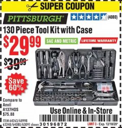 Harbor Freight Coupon 130 PIECE TOOL KIT WITH CASE Lot No. 64263/68998/63091/63248/64080 Expired: 12/18/20 - $29.99