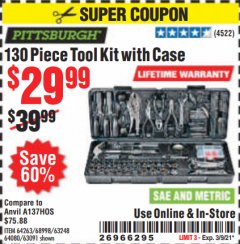 Harbor Freight Coupon 130 PIECE TOOL KIT WITH CASE Lot No. 64263/68998/63091/63248/64080 Expired: 3/9/21 - $29.99