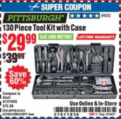 Harbor Freight Coupon 130 PIECE TOOL KIT WITH CASE Lot No. 64263/68998/63091/63248/64080 Expired: 4/14/21 - $29.99