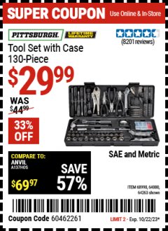Harbor Freight Coupon 130 PIECE TOOL KIT WITH CASE Lot No. 64263/68998/63091/63248/64080 Expired: 10/22/23 - $29.99