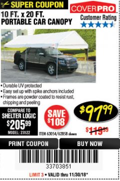 Harbor Freight Coupon 10  FT X 20 FT CAR CANOPY Lot No. 60728/69034/63054/62858/62857 Expired: 11/30/18 - $97.99