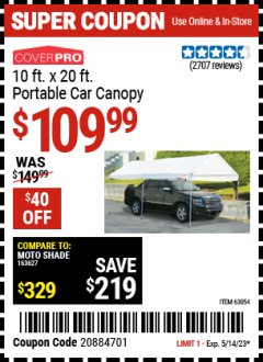 Harbor Freight Coupon 10  FT X 20 FT CAR CANOPY Lot No. 60728/69034/63054/62858/62857 Expired: 5/14/23 - $109.99
