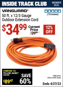Harbor Freight ITC Coupon 12 GAUGE X 50 FT. OUTDOOR EXTENSION CORD Lot No. 60273/61866/62942/62943/62944/41444 Expired: 4/27/23 - $34.99