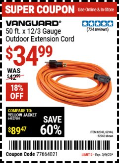 Harbor Freight Coupon 12 GAUGE X 50 FT. OUTDOOR EXTENSION CORD Lot No. 60273/61866/62942/62943/62944/41444 Expired: 3/9/23 - $34.99