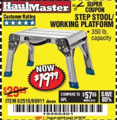 Harbor Freight Coupon STEP STOOL/WORKING PLATFORM Lot No. 66911/62515 Expired: 10/18/18 - $19.99