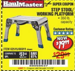 Harbor Freight Coupon STEP STOOL/WORKING PLATFORM Lot No. 66911/62515 Expired: 11/3/18 - $19.99