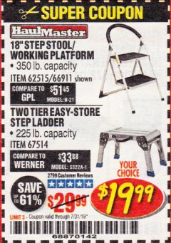 Harbor Freight Coupon STEP STOOL/WORKING PLATFORM Lot No. 66911/62515 Expired: 7/31/19 - $19.99