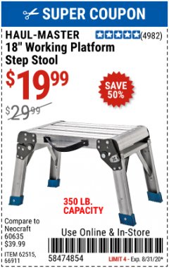 Harbor Freight Coupon STEP STOOL/WORKING PLATFORM Lot No. 66911/62515 Expired: 8/31/20 - $19.99