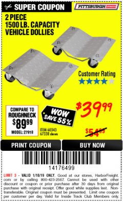 Harbor Freight ITC Coupon 2 PIECE 1500 LB. CAPACITY VEHICLE WHEEL DOLLIES Lot No. 60343/67338 Expired: 1/10/19 - $39.99