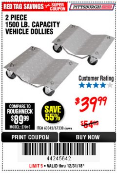 Harbor Freight Coupon 2 PIECE 1500 LB. CAPACITY VEHICLE WHEEL DOLLIES Lot No. 60343/67338 Expired: 12/31/18 - $39.99