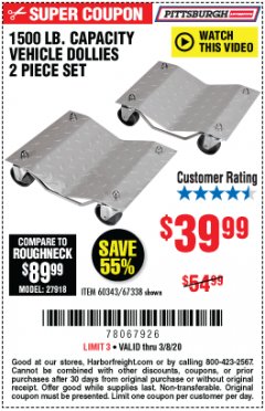 Harbor Freight Coupon 2 PIECE 1500 LB. CAPACITY VEHICLE WHEEL DOLLIES Lot No. 60343/67338 Expired: 3/8/20 - $39.99