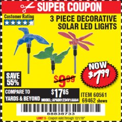 Harbor Freight Coupon 3 PIECE SOLAR DECORATIVE LED LIGHTS Lot No. 60561/69462/95588 Expired: 12/1/18 - $7.99