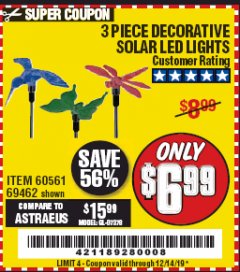 Harbor Freight Coupon 3 PIECE SOLAR DECORATIVE LED LIGHTS Lot No. 60561/69462/95588 Expired: 12/14/19 - $6.99