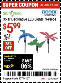 Harbor Freight Coupon 3 PIECE SOLAR DECORATIVE LED LIGHTS Lot No. 60561/69462/95588 Expired: 6/18/23 - $5.99