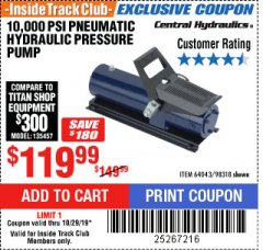 Harbor Freight ITC Coupon 10,000 PSI PNEUMATIC HYDRAULIC PRESSURE PUMP Lot No. 98318 Expired: 10/29/19 - $119.99