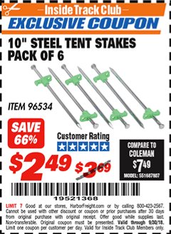 Harbor Freight ITC Coupon 10" STEEL TENT STAKES PACK OF 6 Lot No. 96534 Expired: 9/30/18 - $2.49