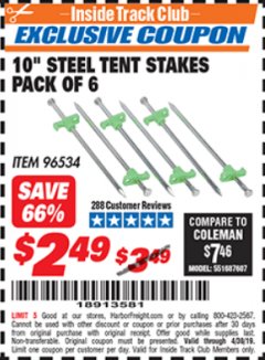 Harbor Freight ITC Coupon 10" STEEL TENT STAKES PACK OF 6 Lot No. 96534 Expired: 4/30/19 - $2.49