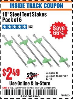 Harbor Freight ITC Coupon 10" STEEL TENT STAKES PACK OF 6 Lot No. 96534 Expired: 7/31/20 - $2.49
