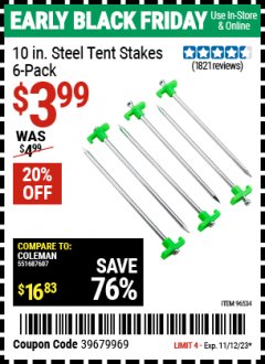 Harbor Freight ITC Coupon 10" STEEL TENT STAKES PACK OF 6 Lot No. 96534 Expired: 11/12/23 - $3.99
