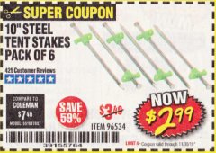 Harbor Freight Coupon 10" STEEL TENT STAKES PACK OF 6 Lot No. 96534 Expired: 11/30/19 - $2.99