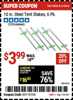 Harbor Freight Coupon 10" STEEL TENT STAKES PACK OF 6 Lot No. 96534 Expired: 7/31/22 - $3.99