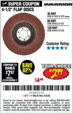 Harbor Freight Coupon 4-1/2" 60 GRIT FLAP DISC Lot No. 69602 Expired: 6/30/20 - $2.99