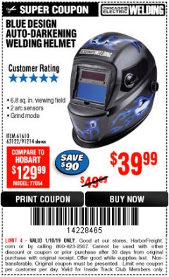 Harbor Freight ITC Coupon AUTO-DARKENING WELDING HELMET WITH BLUE FLAME DESIGN Lot No. 91214/61610/63122 Expired: 1/10/19 - $39.99