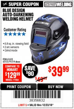 Harbor Freight Coupon AUTO-DARKENING WELDING HELMET WITH BLUE FLAME DESIGN Lot No. 91214/61610/63122 Expired: 12/23/18 - $39.99