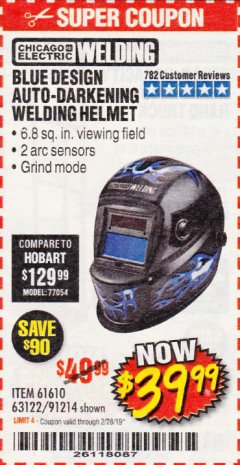 Harbor Freight Coupon AUTO-DARKENING WELDING HELMET WITH BLUE FLAME DESIGN Lot No. 91214/61610/63122 Expired: 2/28/19 - $39.99