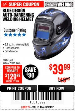 Harbor Freight Coupon AUTO-DARKENING WELDING HELMET WITH BLUE FLAME DESIGN Lot No. 91214/61610/63122 Expired: 3/3/19 - $39.99