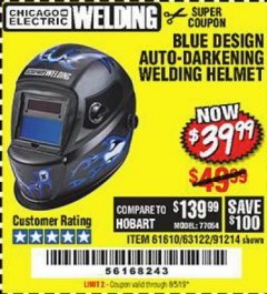Harbor Freight Coupon AUTO-DARKENING WELDING HELMET WITH BLUE FLAME DESIGN Lot No. 91214/61610/63122 Expired: 8/5/19 - $39.99