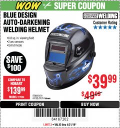 Harbor Freight Coupon AUTO-DARKENING WELDING HELMET WITH BLUE FLAME DESIGN Lot No. 91214/61610/63122 Expired: 4/21/19 - $39.99