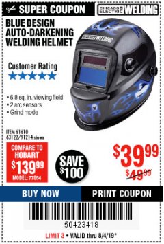 Harbor Freight Coupon AUTO-DARKENING WELDING HELMET WITH BLUE FLAME DESIGN Lot No. 91214/61610/63122 Expired: 8/4/19 - $39.99