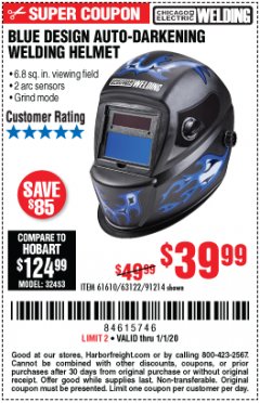 Harbor Freight Coupon AUTO-DARKENING WELDING HELMET WITH BLUE FLAME DESIGN Lot No. 91214/61610/63122 Expired: 1/1/20 - $39.99