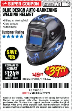 Harbor Freight Coupon AUTO-DARKENING WELDING HELMET WITH BLUE FLAME DESIGN Lot No. 91214/61610/63122 Expired: 2/29/20 - $39.99