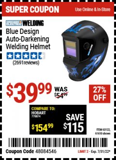 Harbor Freight Coupon AUTO-DARKENING WELDING HELMET WITH BLUE FLAME DESIGN Lot No. 91214/61610/63122 Expired: 7/31/22 - $39.99