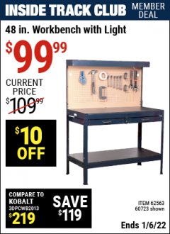 Harbor Freight ITC Coupon MULTIPURPOSE WORKBENCH WITH LIGHTING AND OUTLET Lot No. 62563/60723/99681 Expired: 1/6/22 - $99.99