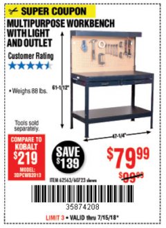 Harbor Freight Coupon MULTIPURPOSE WORKBENCH WITH LIGHTING AND OUTLET Lot No. 62563/60723/99681 Expired: 7/15/18 - $79.99