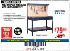 Harbor Freight Coupon MULTIPURPOSE WORKBENCH WITH LIGHTING AND OUTLET Lot No. 62563/60723/99681 Expired: 9/2/18 - $79.99
