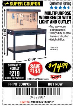 Harbor Freight Coupon MULTIPURPOSE WORKBENCH WITH LIGHTING AND OUTLET Lot No. 62563/60723/99681 Expired: 11/30/18 - $74.99