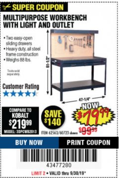 Harbor Freight Coupon MULTIPURPOSE WORKBENCH WITH LIGHTING AND OUTLET Lot No. 62563/60723/99681 Expired: 9/30/19 - $79.99