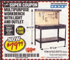 Harbor Freight Coupon MULTIPURPOSE WORKBENCH WITH LIGHTING AND OUTLET Lot No. 62563/60723/99681 Expired: 10/31/19 - $79.99