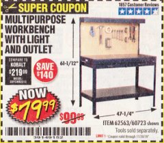 Harbor Freight Coupon MULTIPURPOSE WORKBENCH WITH LIGHTING AND OUTLET Lot No. 62563/60723/99681 Expired: 11/30/19 - $79.99