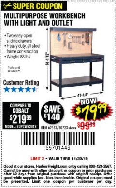 Harbor Freight Coupon MULTIPURPOSE WORKBENCH WITH LIGHTING AND OUTLET Lot No. 62563/60723/99681 Expired: 11/30/19 - $79.99